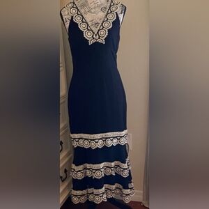 Antonio Melani Black Lace Midi Dress | Cream Embroidered Trim | Elegant Size 4
